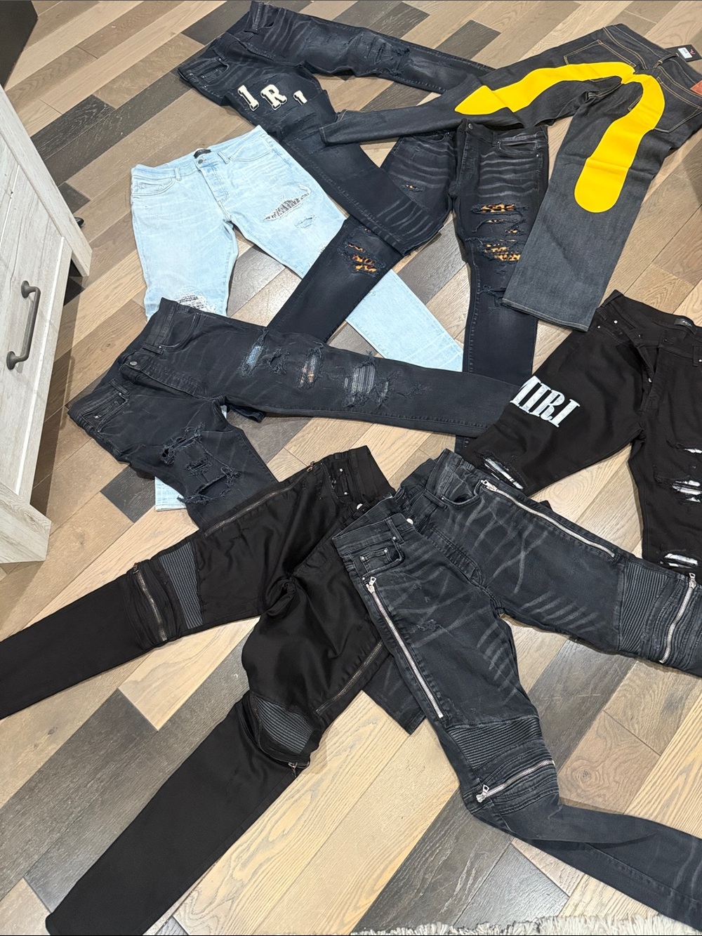 AMIRI Men's Skinny Distressed Jeans - Black & Light Blue with Yellow Accent